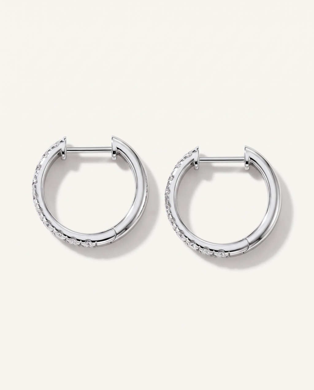 15 mm white gold lab-grown diamond hoop earrings, back and hinged closure view | MET-RE-0002