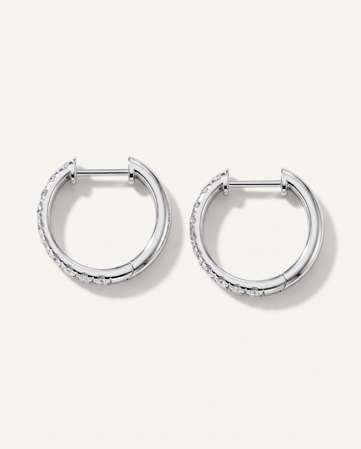 15 mm white gold lab-grown diamond hoop earrings, back and hinged closure view | MET-RE-0002