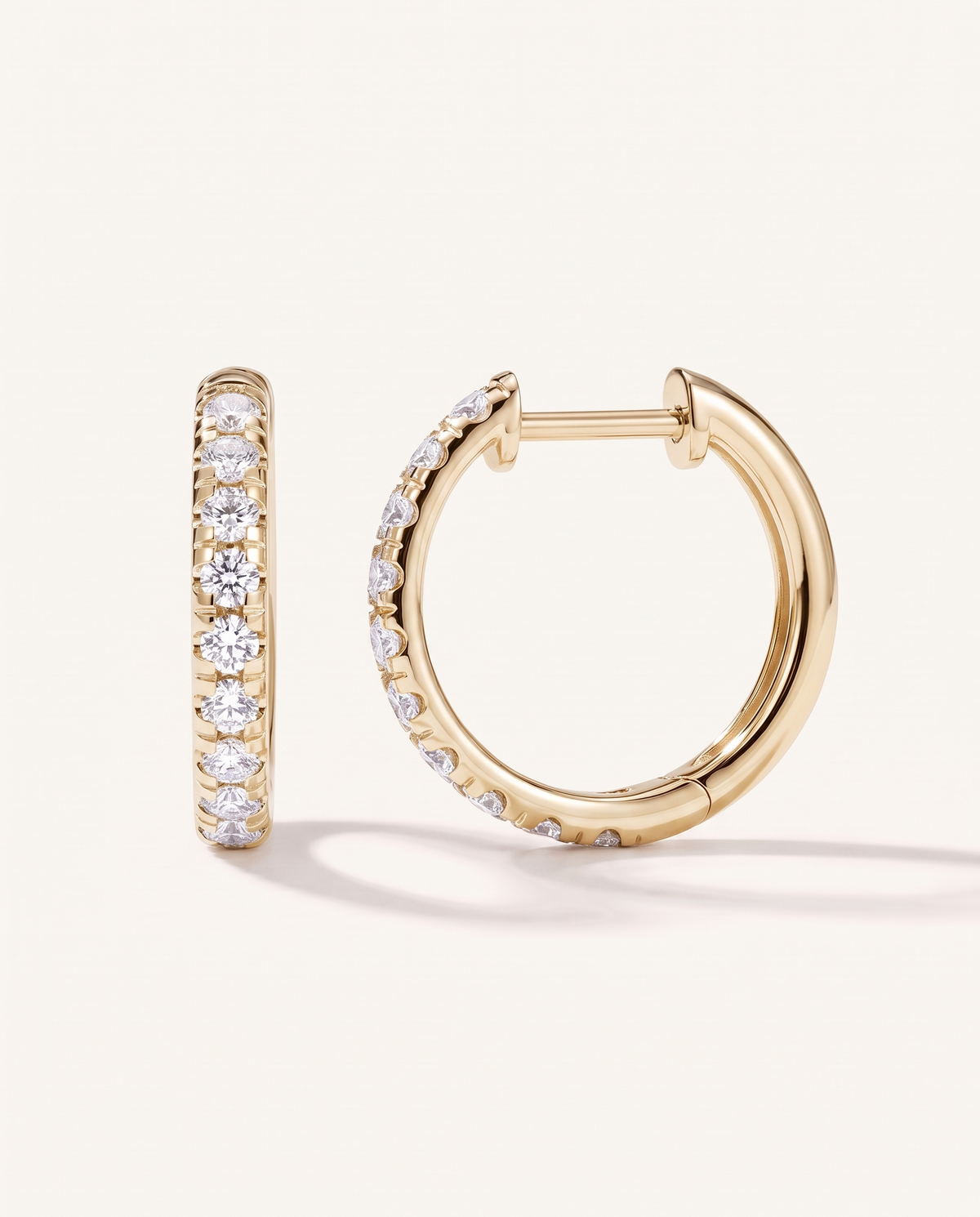 15 mm yellow gold lab-grown diamond hoop earrings, front and side view | MET-RE-0002