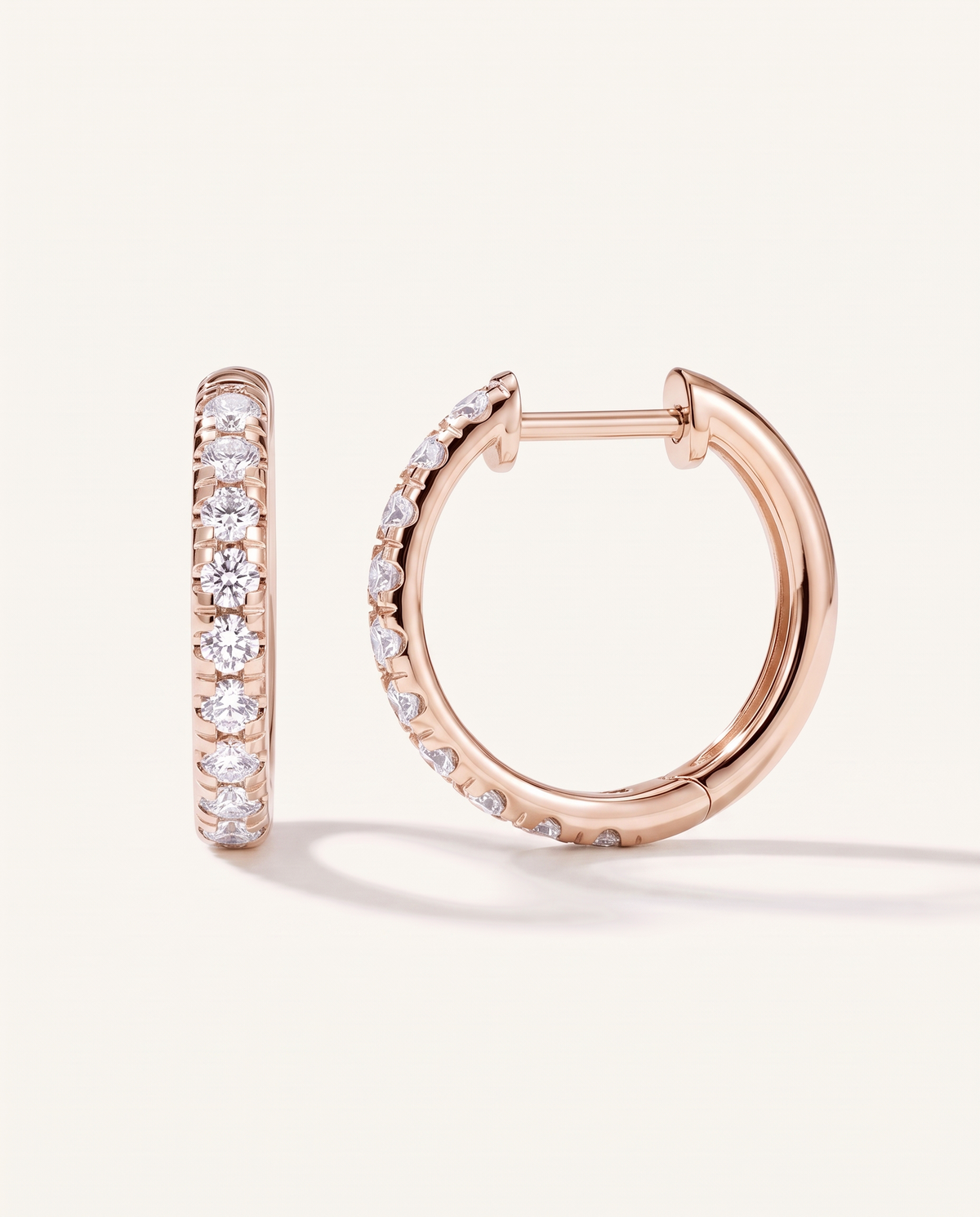 15 mm rose gold lab-grown diamond hoop earrings, front and side view | MET-RE-0002