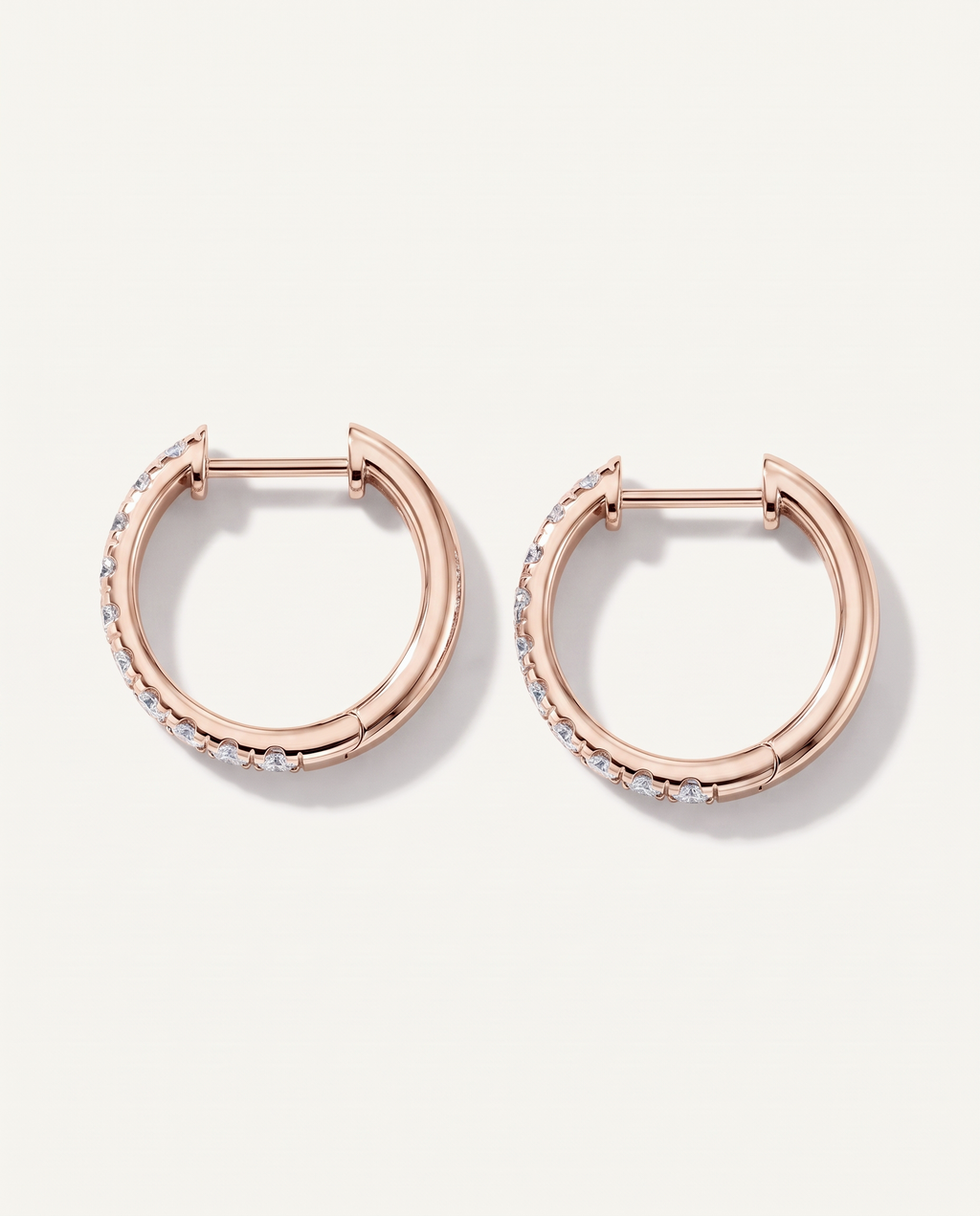 15 mm rose gold lab-grown diamond hoop earrings, back and hinged closure view | MET-RE-0002