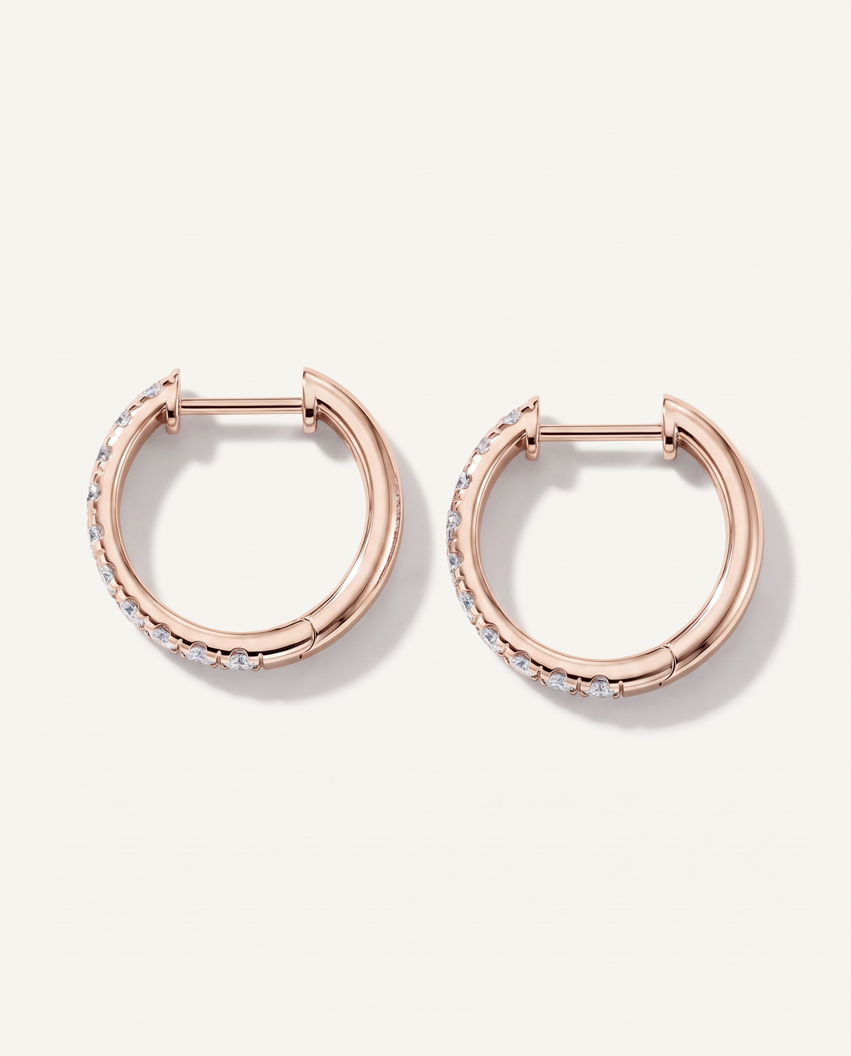 15 mm rose gold lab-grown diamond hoop earrings, back and hinged closure view | MET-RE-0002