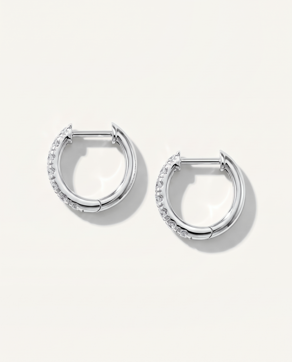 10 mm white gold lab-grown diamond huggie earrings, back and hinged closure view | MET-RE-0003