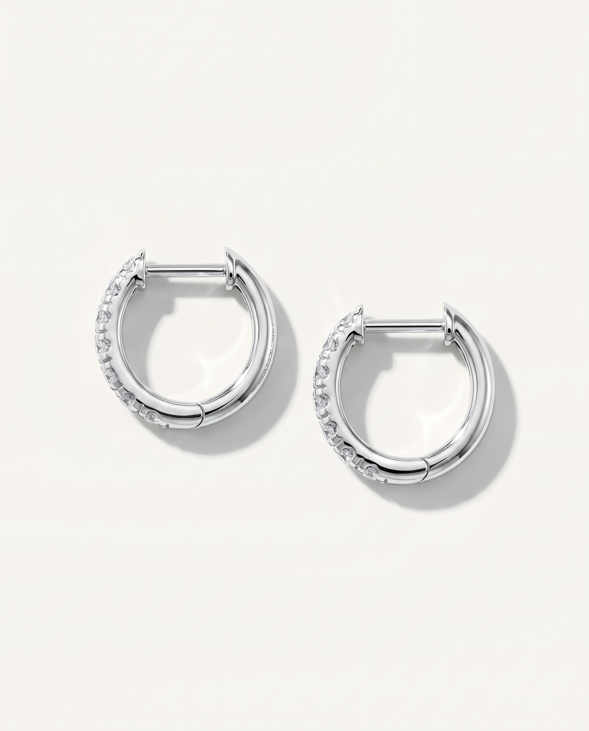 10 mm white gold lab-grown diamond huggie earrings, back and hinged closure view | MET-RE-0003
