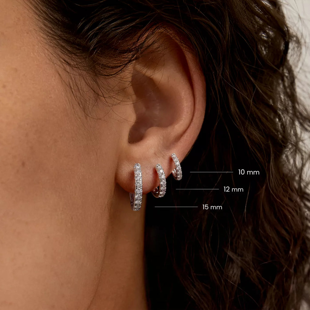 10 mm, 12 mm and 15 mm earring size comparison; this product includes one 10 mm pair | MET-RE-0003