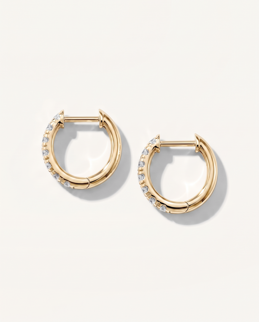 10 mm yellow gold lab-grown diamond huggie earrings, back and hinged closure view | MET-RE-0003