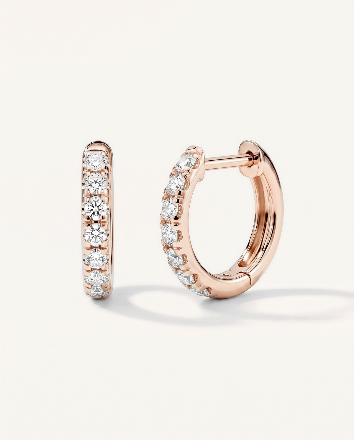 10 mm rose gold lab-grown diamond huggie earrings, front and side view | MET-RE-0003