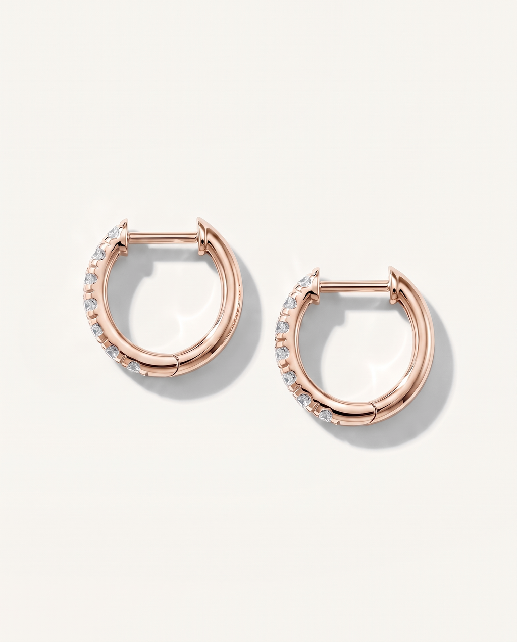 10 mm rose gold lab-grown diamond huggie earrings, back and hinged closure view | MET-RE-0003