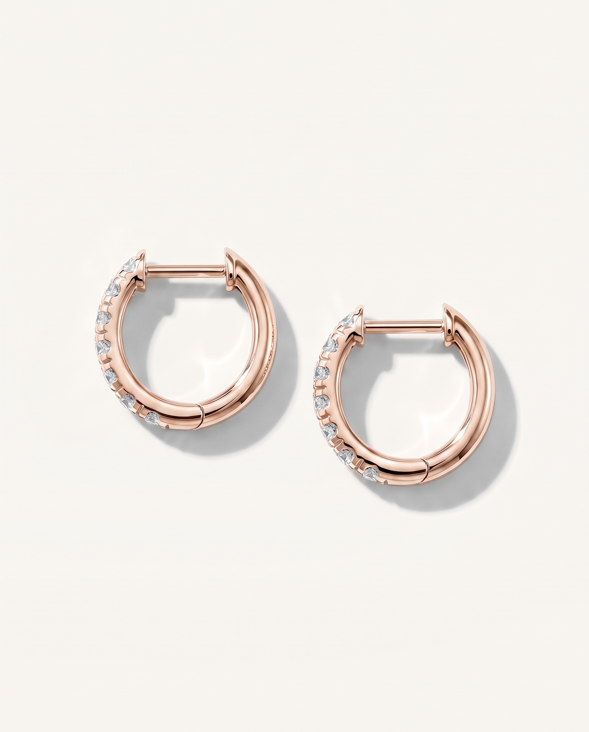 10 mm rose gold lab-grown diamond huggie earrings, back and hinged closure view | MET-RE-0003