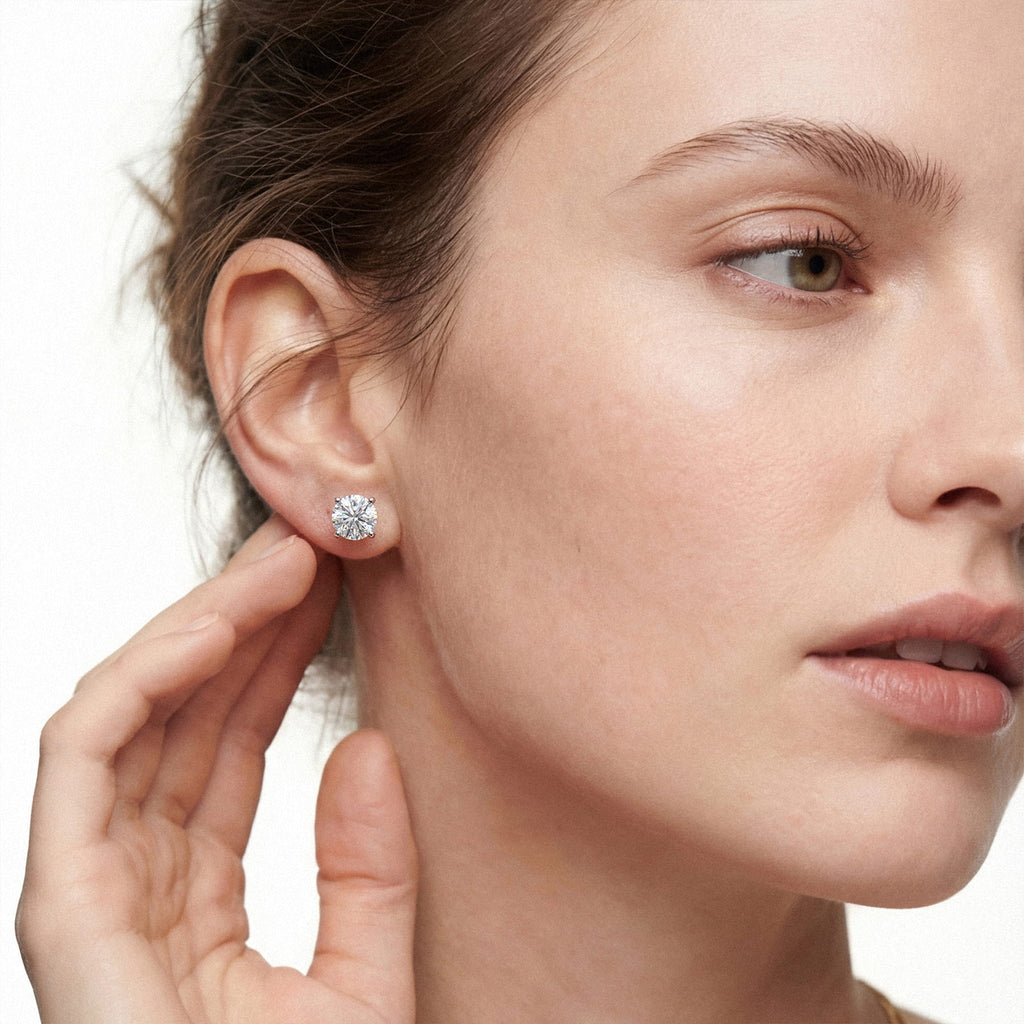Lab-grown diamond stud earrings worn for styling; additional jewelry is not included | MET-RE-0004-M13
