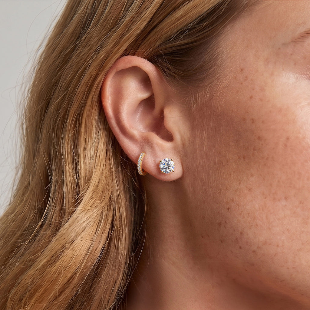 Lab-grown diamond stud earrings worn for styling; additional jewelry is not included | MET-RE-0004-M34