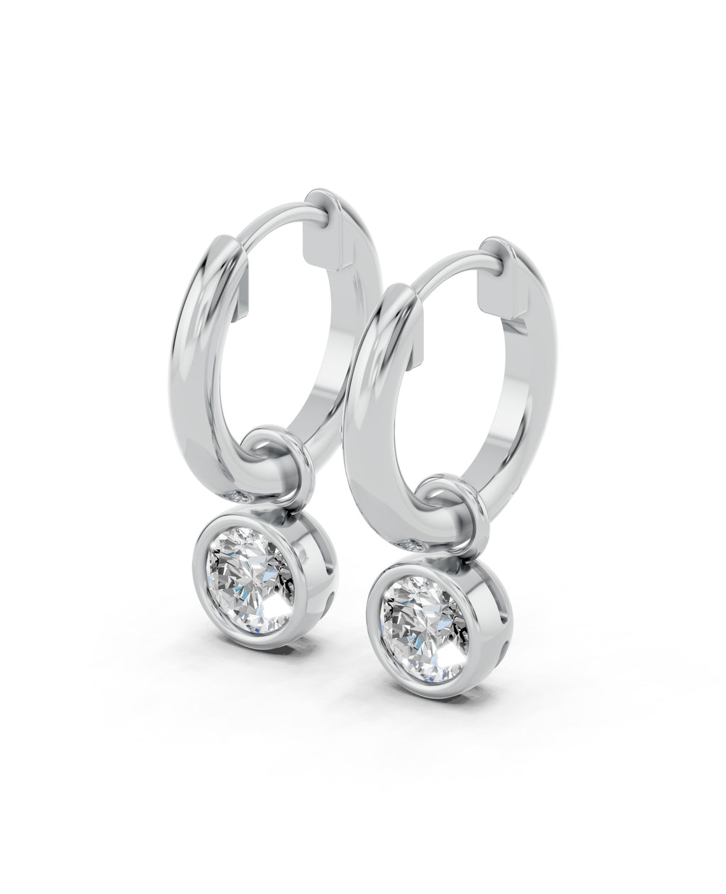 Bezel-Set Lab-Grown Diamond Dangle Huggie Earrings in white gold, view 1 | MET-RE-0009-M01