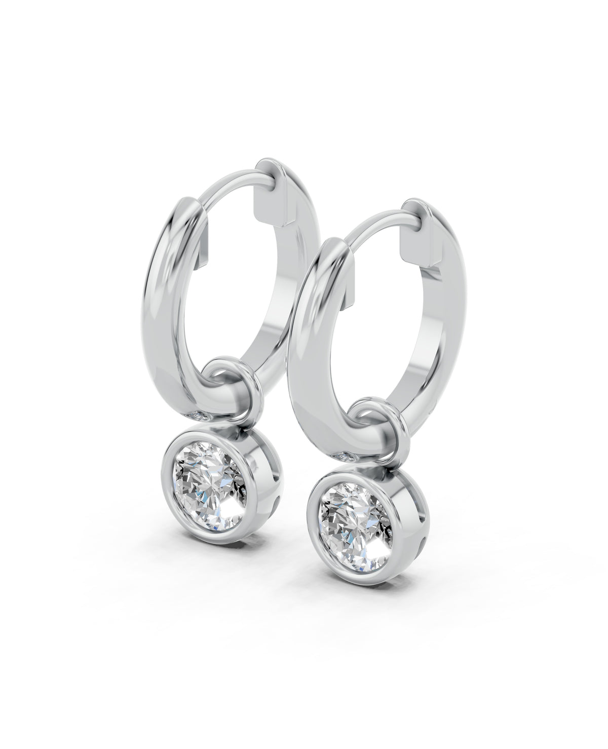 Bezel-Set Lab-Grown Diamond Dangle Huggie Earrings in white gold, view 1 | MET-RE-0009-M01