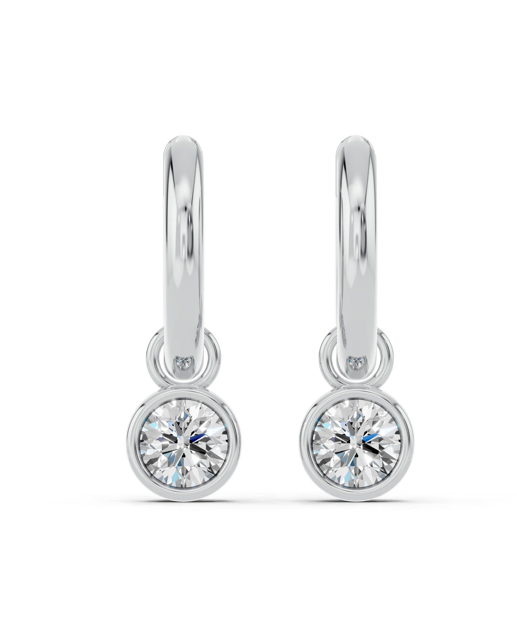 Bezel-Set Lab-Grown Diamond Dangle Huggie Earrings in white gold, view 2 | MET-RE-0009-M02