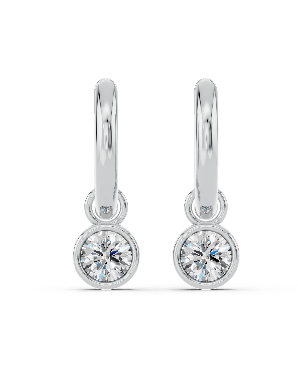 Bezel-Set Lab-Grown Diamond Dangle Huggie Earrings in white gold, view 2 | MET-RE-0009-M02