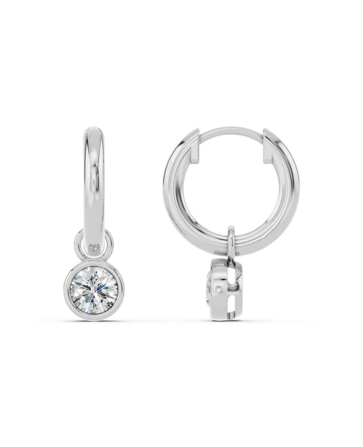 Bezel-Set Lab-Grown Diamond Dangle Huggie Earrings in white gold, view 3 | MET-RE-0009-M03