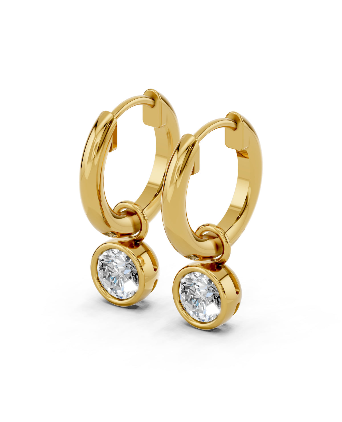 Bezel-Set Lab-Grown Diamond Dangle Huggie Earrings in yellow gold, view 1 | MET-RE-0009-M05