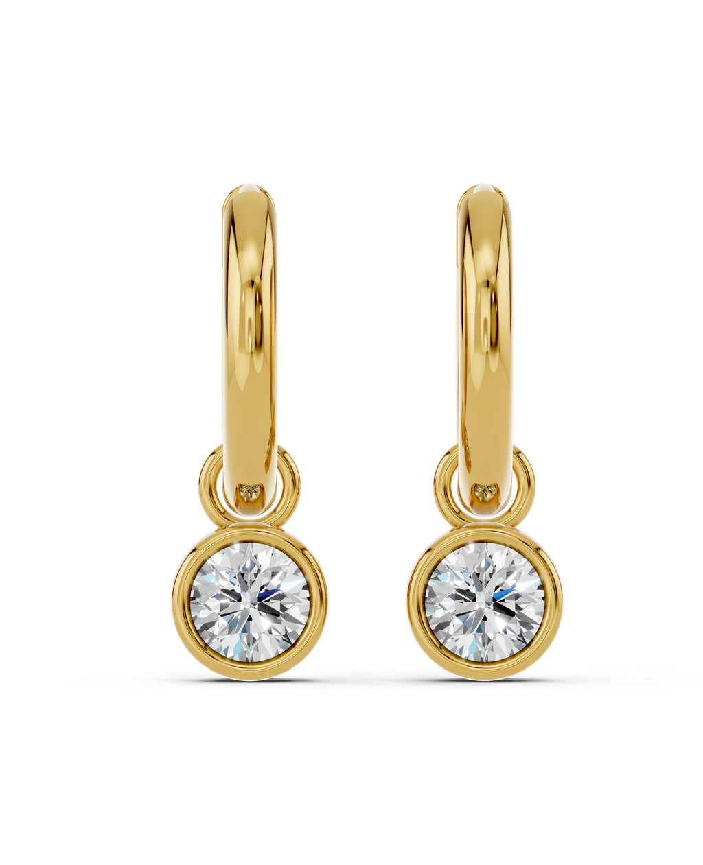 Bezel-Set Lab-Grown Diamond Dangle Huggie Earrings in yellow gold, view 2 | MET-RE-0009-M06