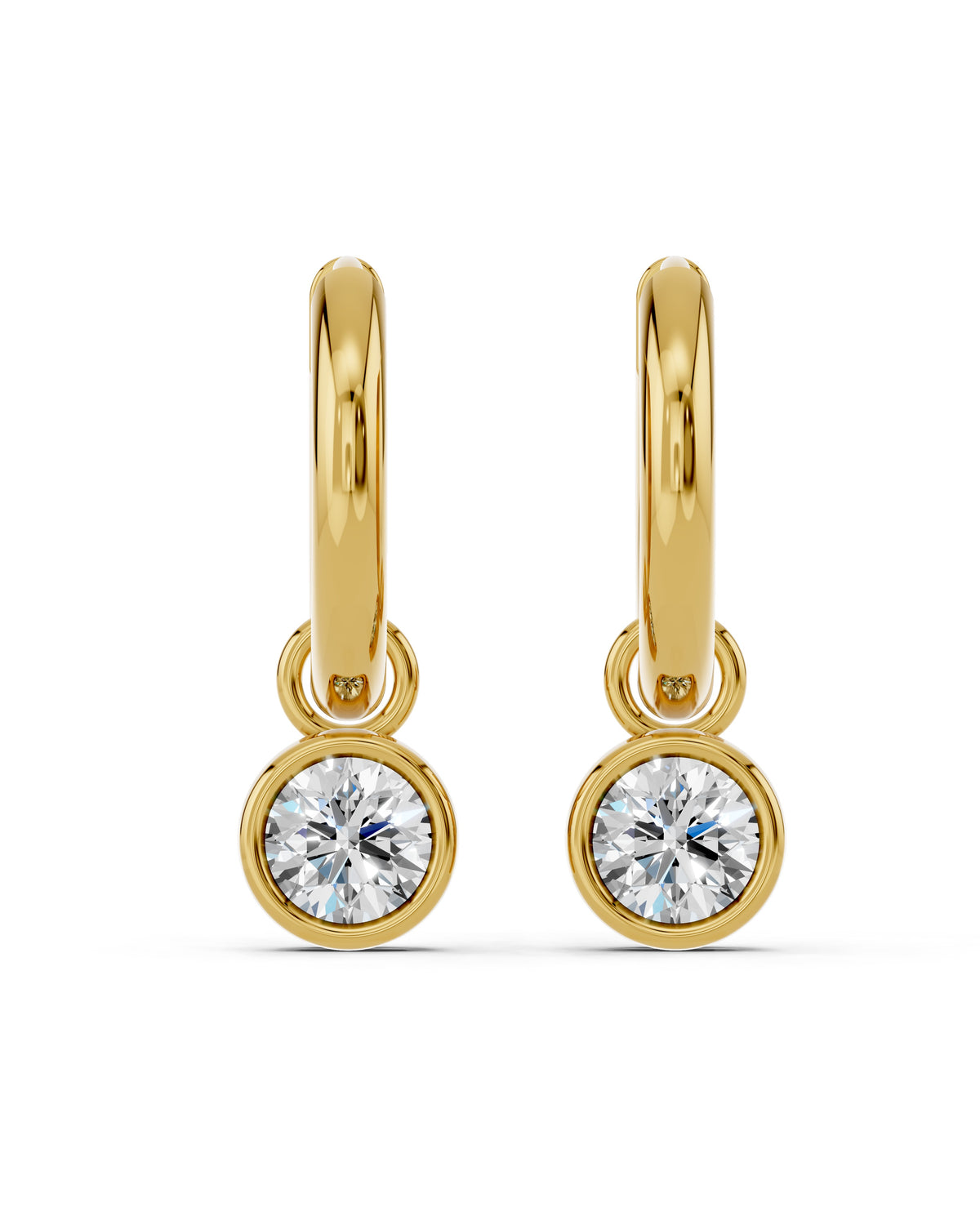 Bezel-Set Lab-Grown Diamond Dangle Huggie Earrings in yellow gold, view 2 | MET-RE-0009-M06