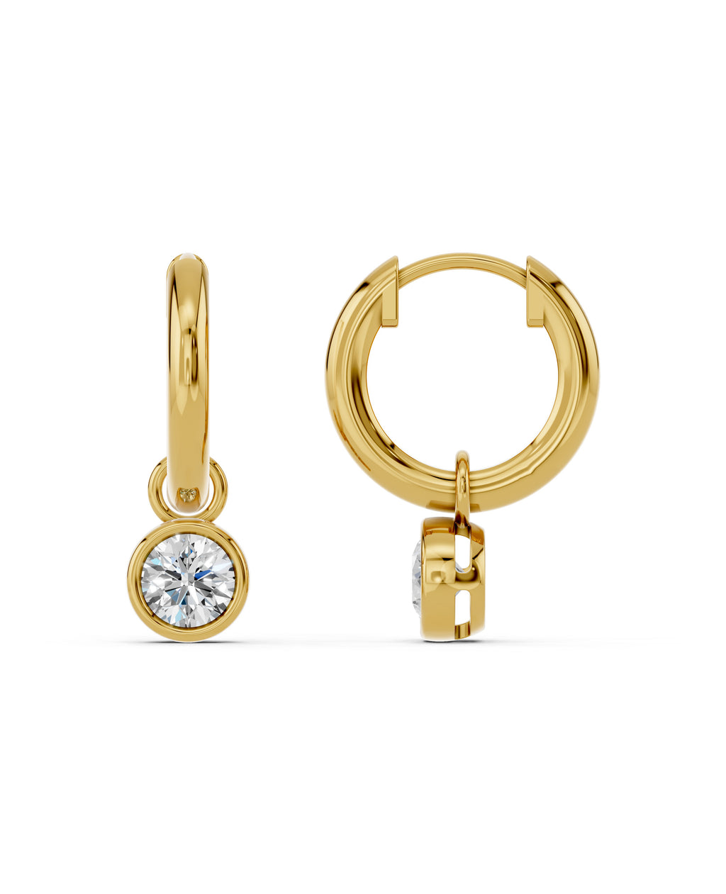 Bezel-Set Lab-Grown Diamond Dangle Huggie Earrings in yellow gold, view 3 | MET-RE-0009-M07