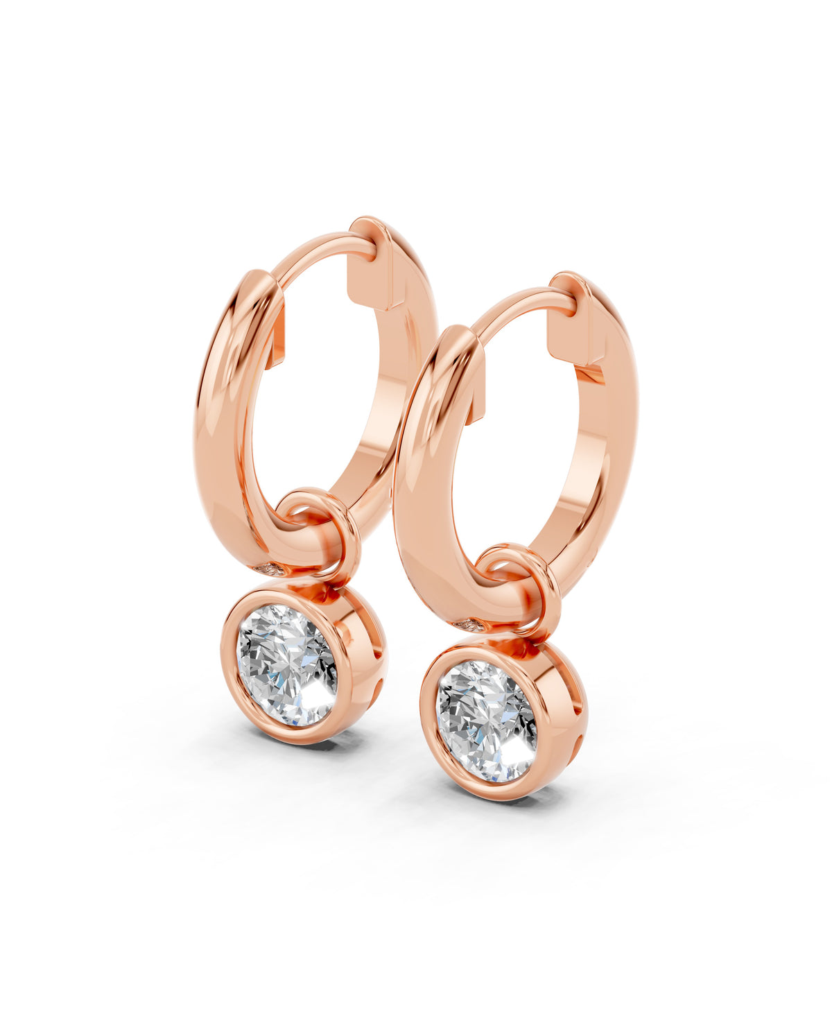 Bezel-Set Lab-Grown Diamond Dangle Huggie Earrings in rose gold, view 1 | MET-RE-0009-M08