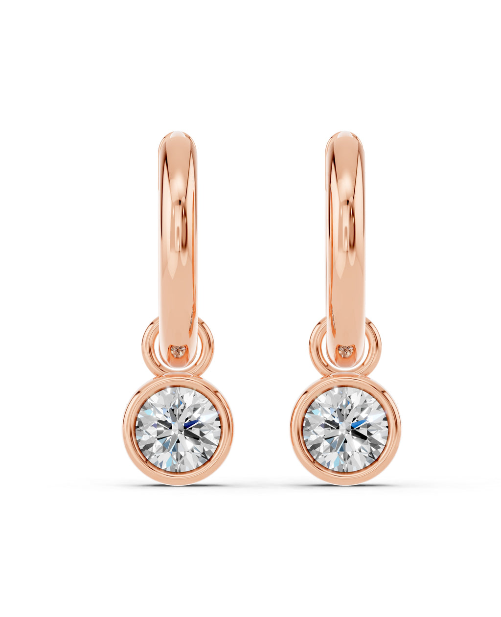Bezel-Set Lab-Grown Diamond Dangle Huggie Earrings in rose gold, view 2 | MET-RE-0009-M09