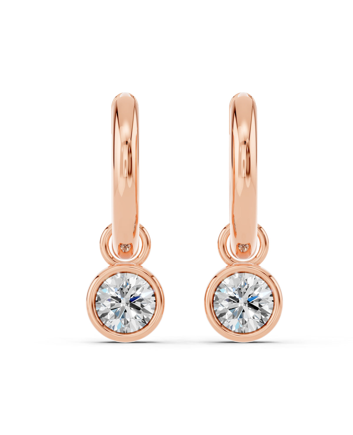 Bezel-Set Lab-Grown Diamond Dangle Huggie Earrings in rose gold, view 2 | MET-RE-0009-M09