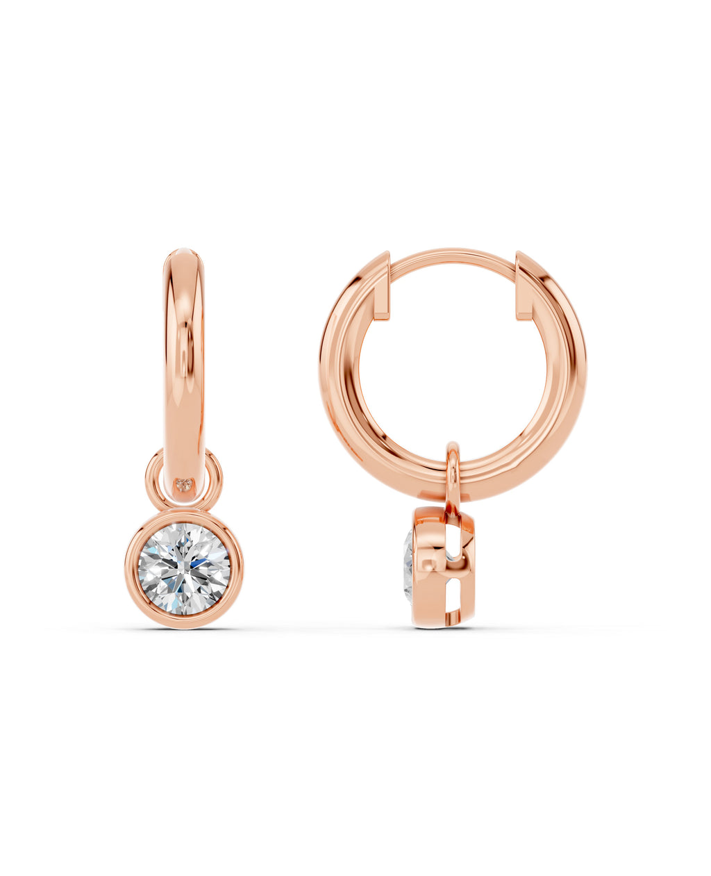 Bezel-Set Lab-Grown Diamond Dangle Huggie Earrings in rose gold, view 3 | MET-RE-0009-M10