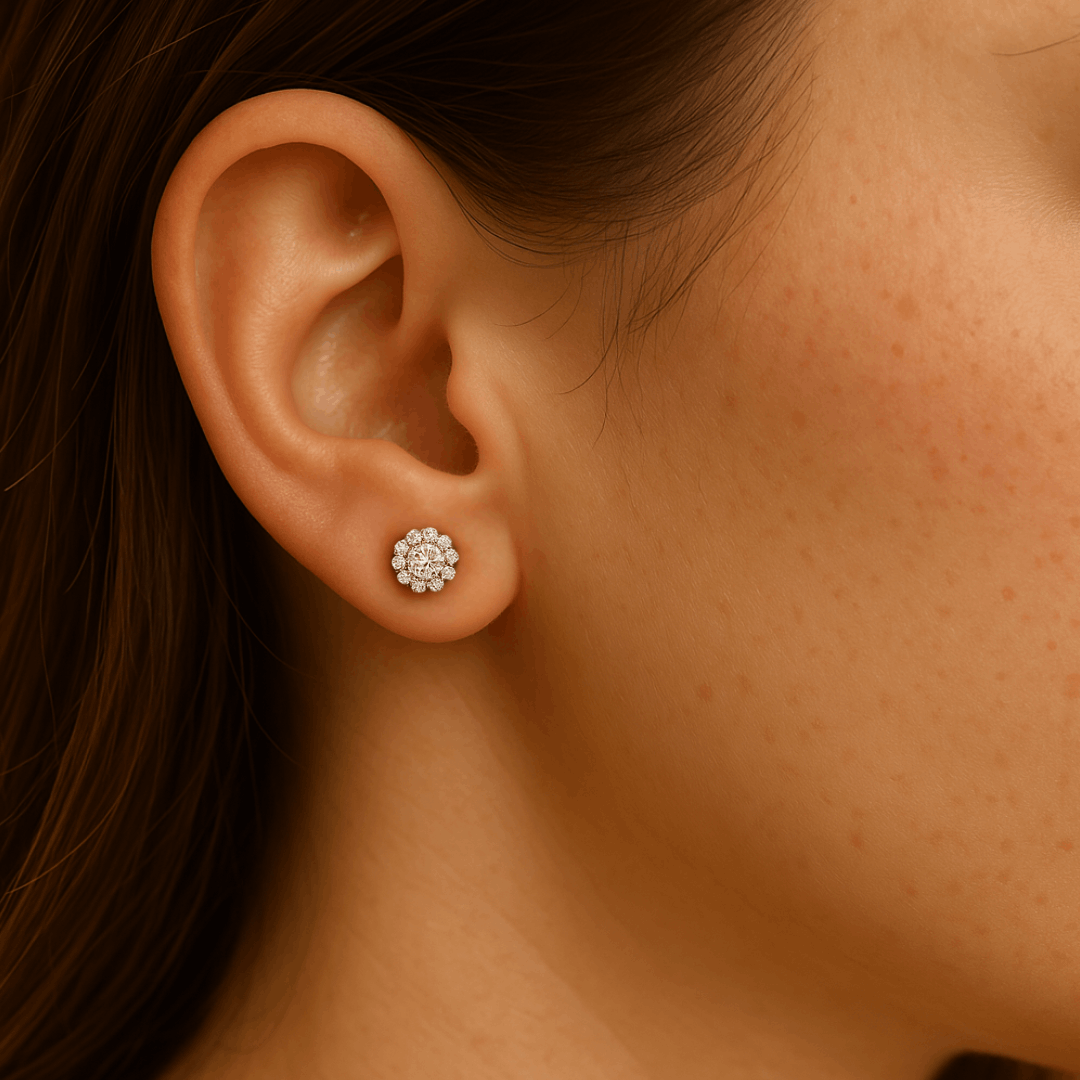 Halo Lab-Grown Diamond Stud Earrings worn for styling | MET-RE-0010-M03