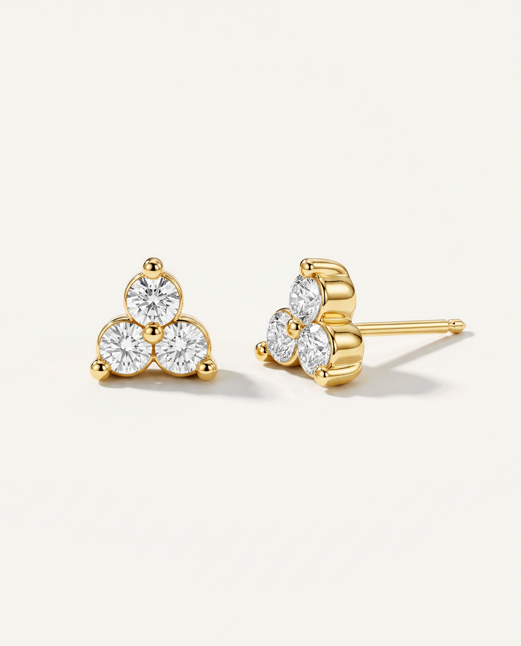 Three-Stone Cluster Lab-Grown Diamond Stud Earrings in yellow gold, view 1 | MET-RE-0013-M01