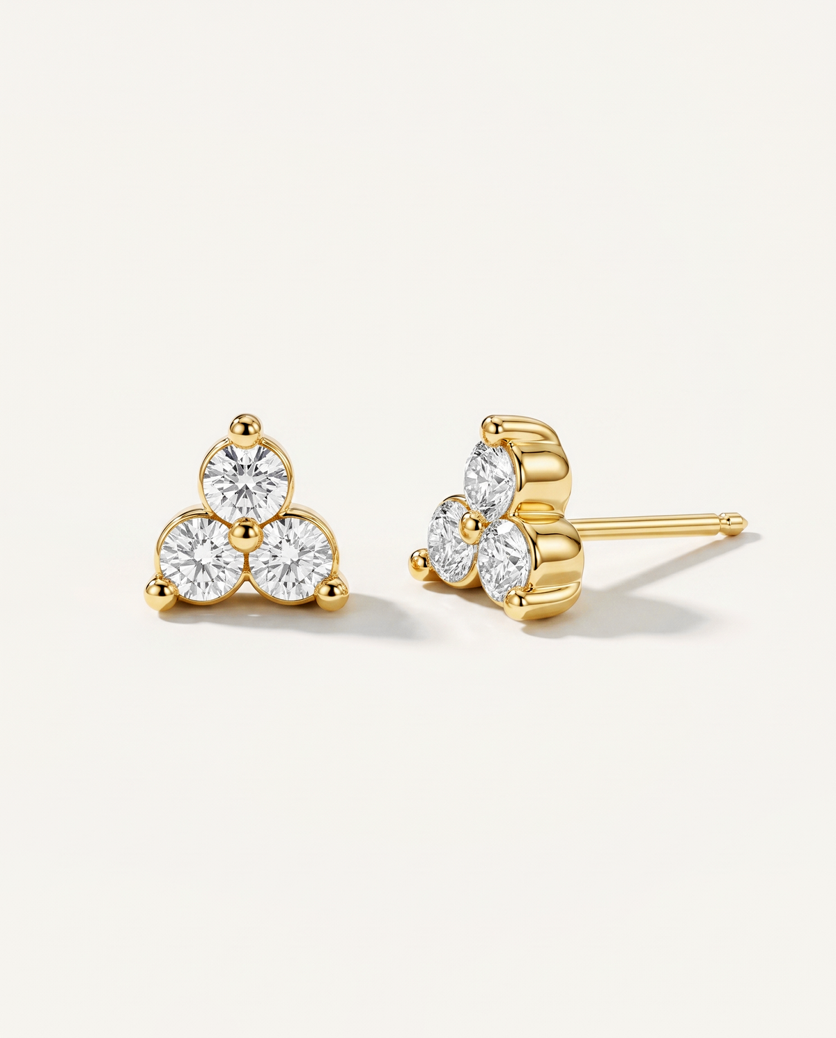 Three-Stone Cluster Lab-Grown Diamond Stud Earrings in yellow gold, view 1 | MET-RE-0013-M01