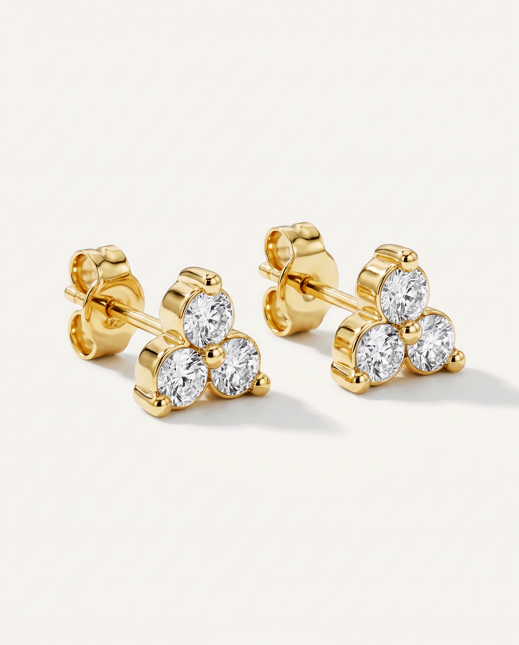 Three-Stone Cluster Lab-Grown Diamond Stud Earrings in yellow gold, view 3 | MET-RE-0013-M03