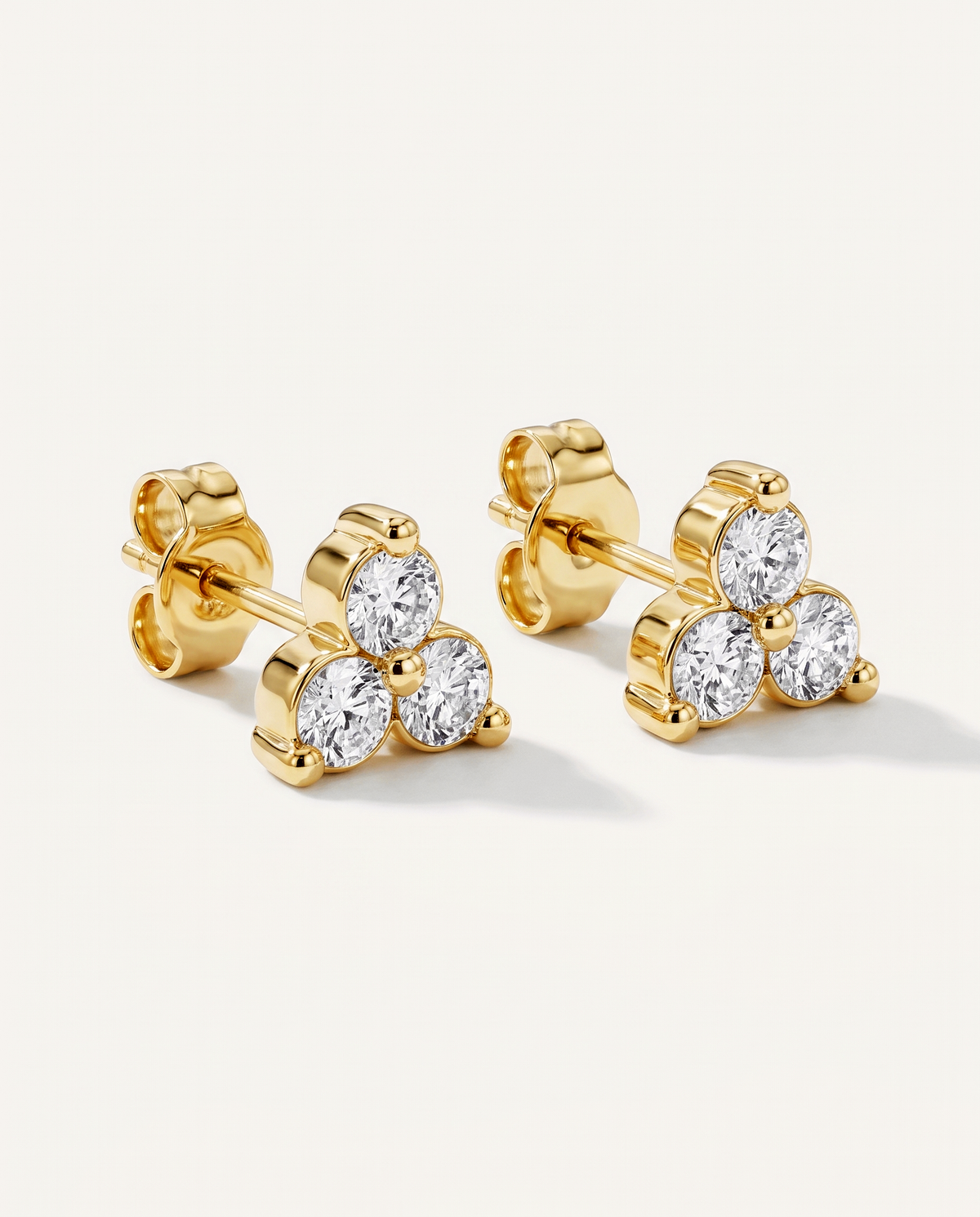 Three-Stone Cluster Lab-Grown Diamond Stud Earrings in yellow gold, view 3 | MET-RE-0013-M03