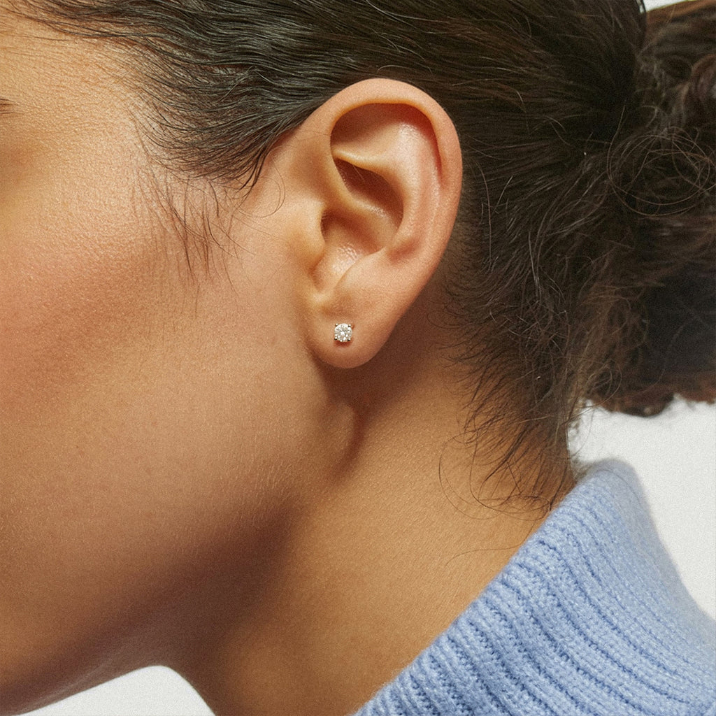 Hidden-Halo Lab-Grown Diamond Stud Earrings worn for styling | MET-RE-0014-M02