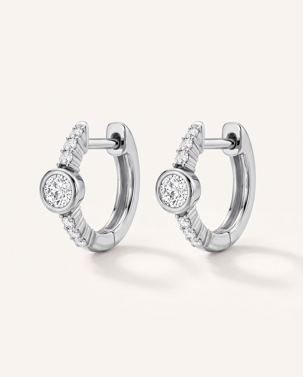 Bezel and Pavé Lab-Grown Diamond Huggie Earrings in white gold, view 3 | MET-RE-0017-M03