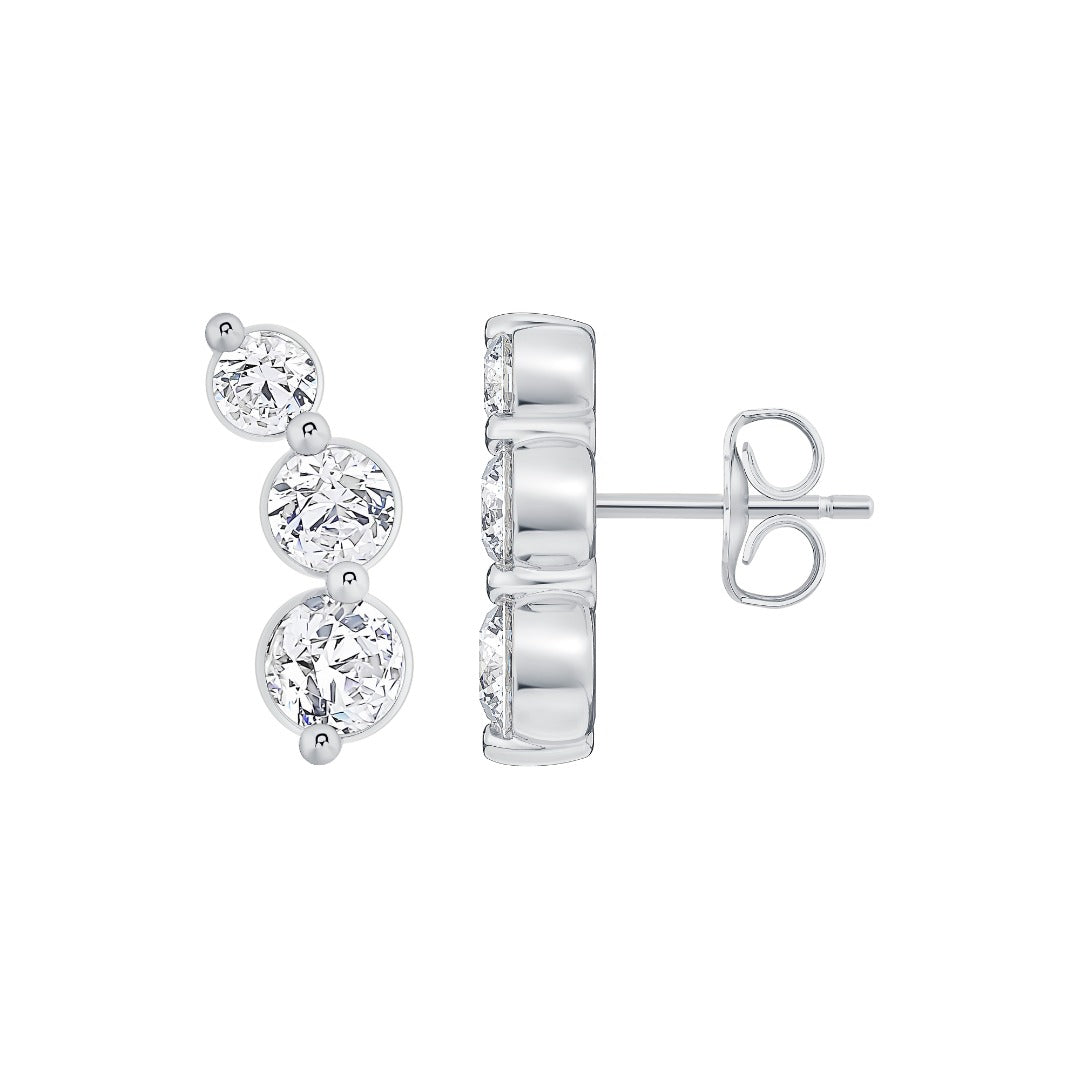 Graduated Curved Three-Stone Lab-Grown Diamond Earrings in white gold, view 1 | MET-RE-0019-M01