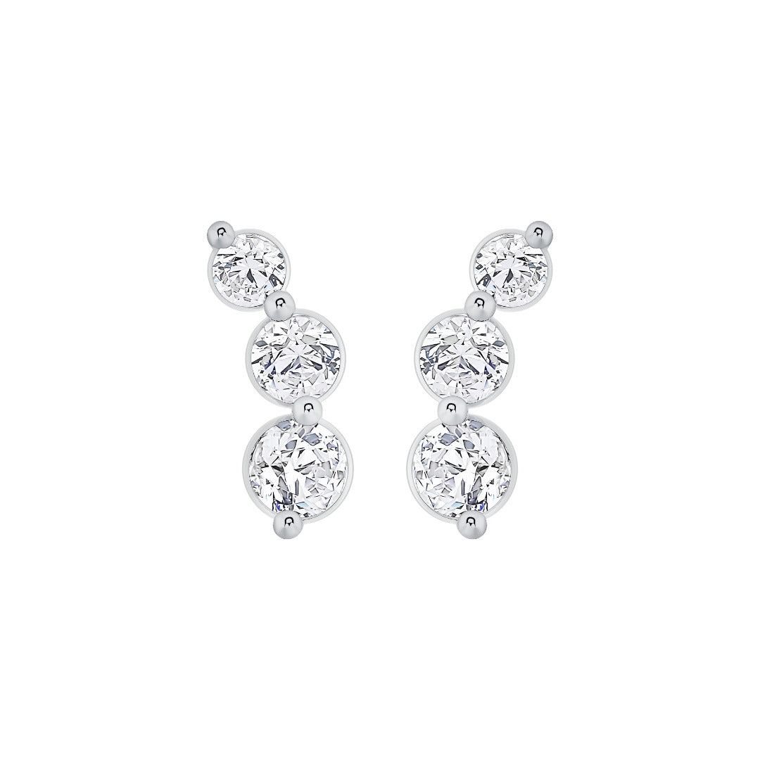 Graduated Curved Three-Stone Lab-Grown Diamond Earrings in white gold, view 2 | MET-RE-0019-M02