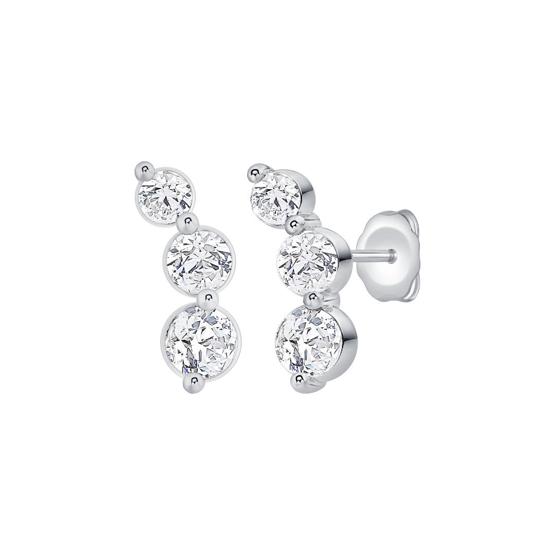 Graduated Curved Three-Stone Lab-Grown Diamond Earrings in white gold, view 3 | MET-RE-0019-M03