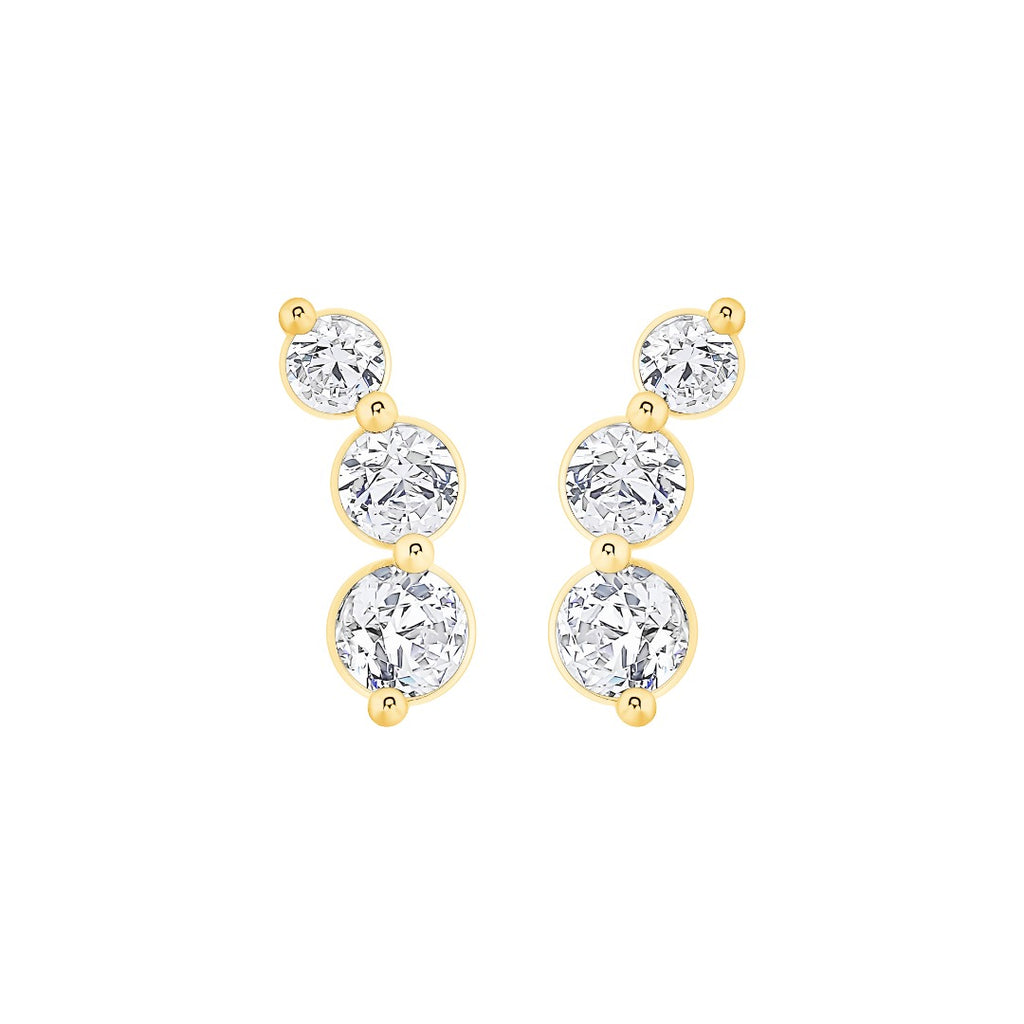 Graduated Curved Three-Stone Lab-Grown Diamond Earrings in yellow gold, view 2 | MET-RE-0019-M06