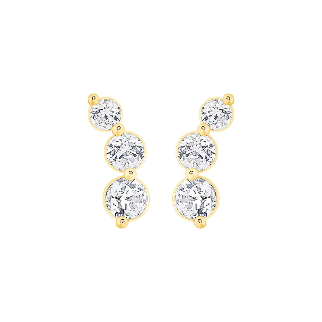 Graduated Curved Three-Stone Lab-Grown Diamond Earrings in yellow gold, view 2 | MET-RE-0019-M06