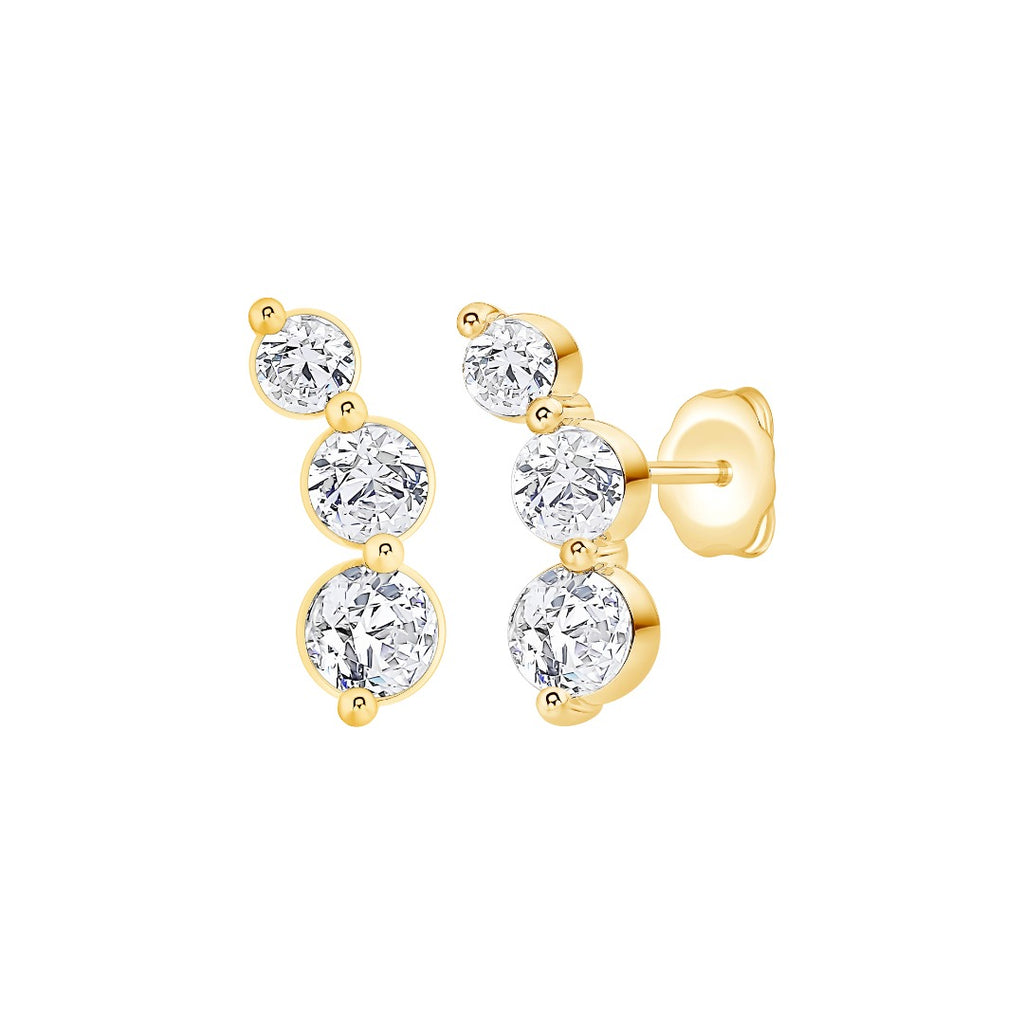 Graduated Curved Three-Stone Lab-Grown Diamond Earrings in yellow gold, view 3 | MET-RE-0019-M07