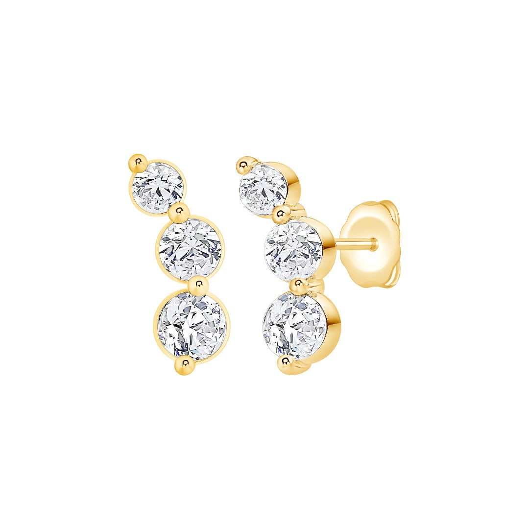 Graduated Curved Three-Stone Lab-Grown Diamond Earrings in yellow gold, view 3 | MET-RE-0019-M07