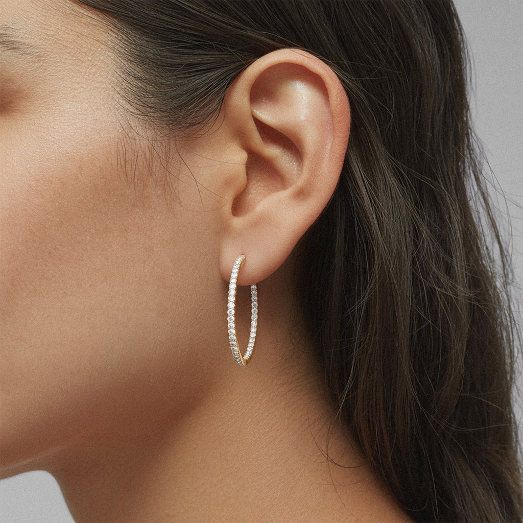 Pavé Lab-Grown Diamond Hoop Earrings worn for styling | MET-RE-0020-M05