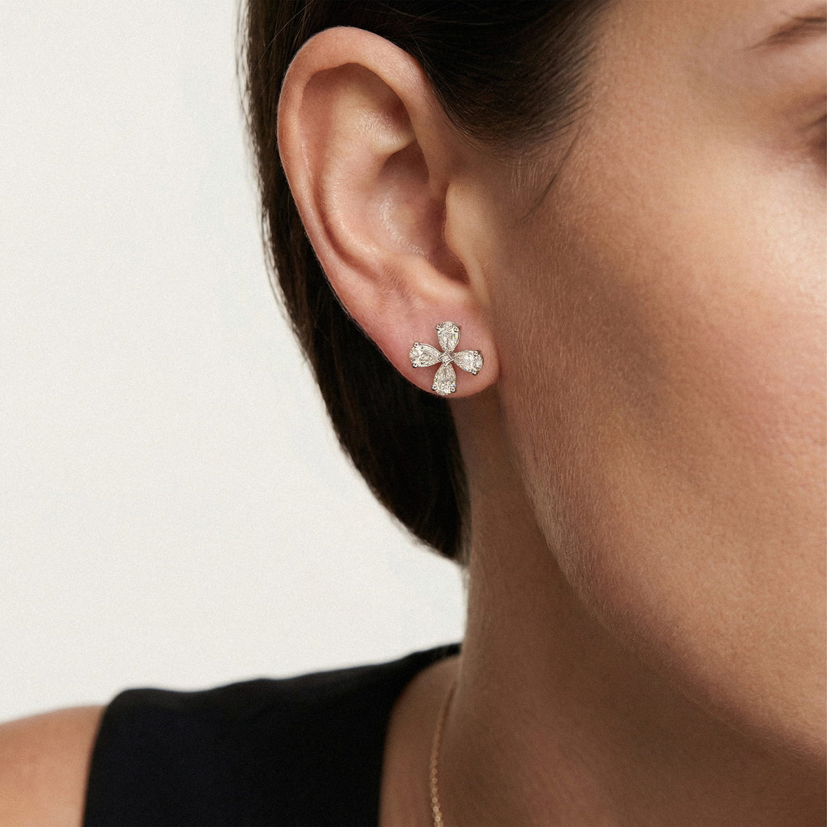 Pear-Shaped Lab-Grown Diamond Cluster Earrings worn for styling | MET-RE-0021-M02