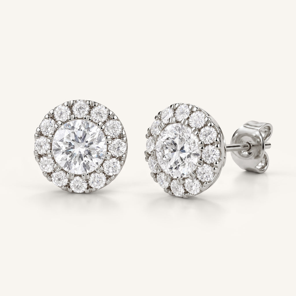 Round Halo Lab-Grown Diamond Stud Earrings in white gold, view 1 | MET-RE-0022-M01