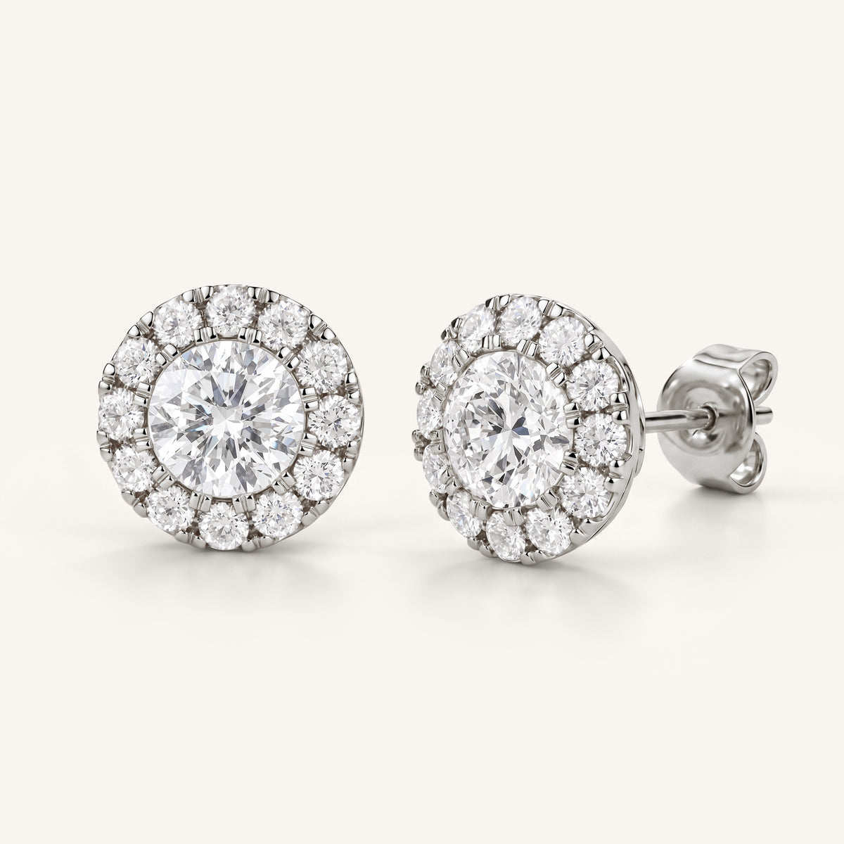 Round Halo Lab-Grown Diamond Stud Earrings in white gold, view 1 | MET-RE-0022-M01