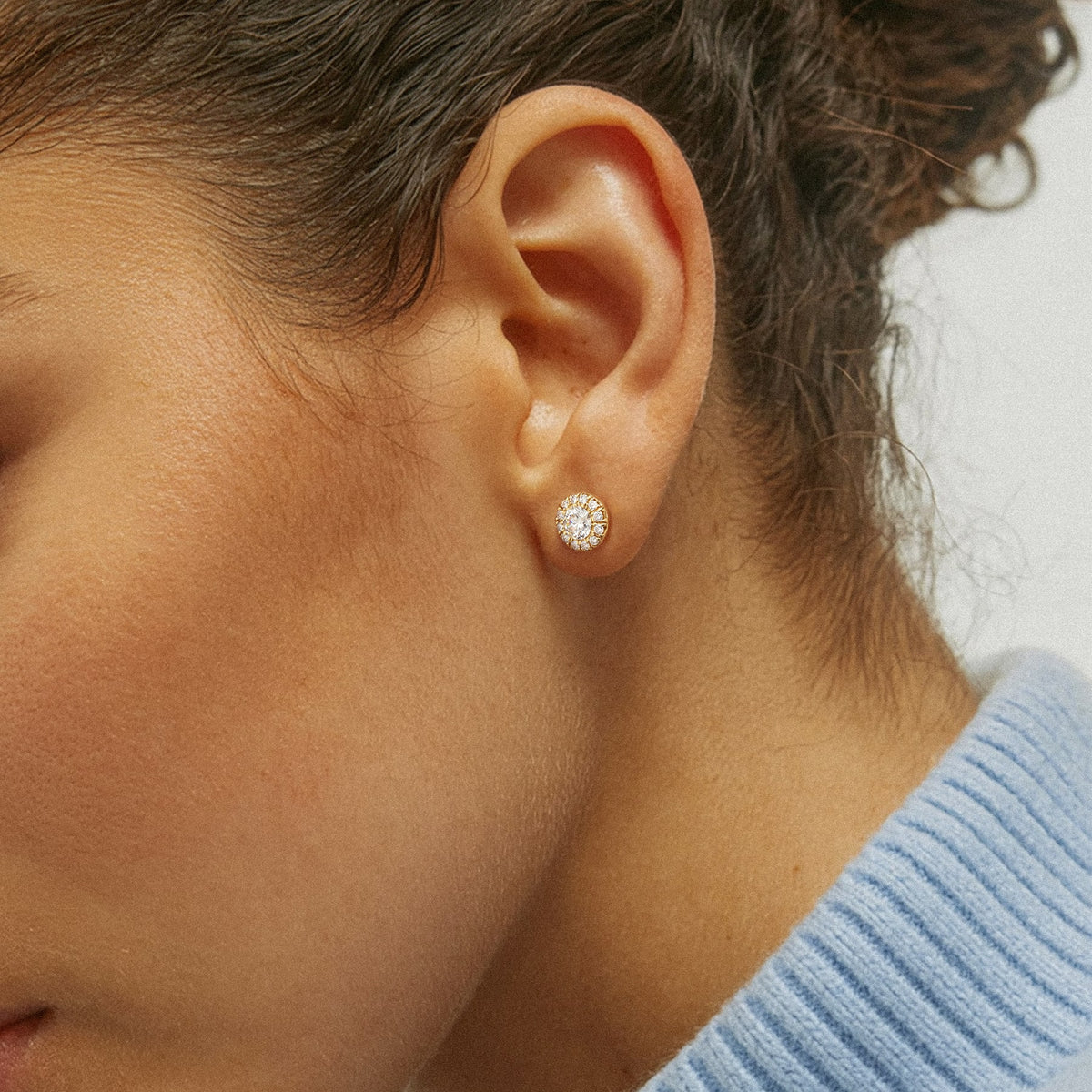 Round Halo Lab-Grown Diamond Stud Earrings worn for styling | MET-RE-0022-M02