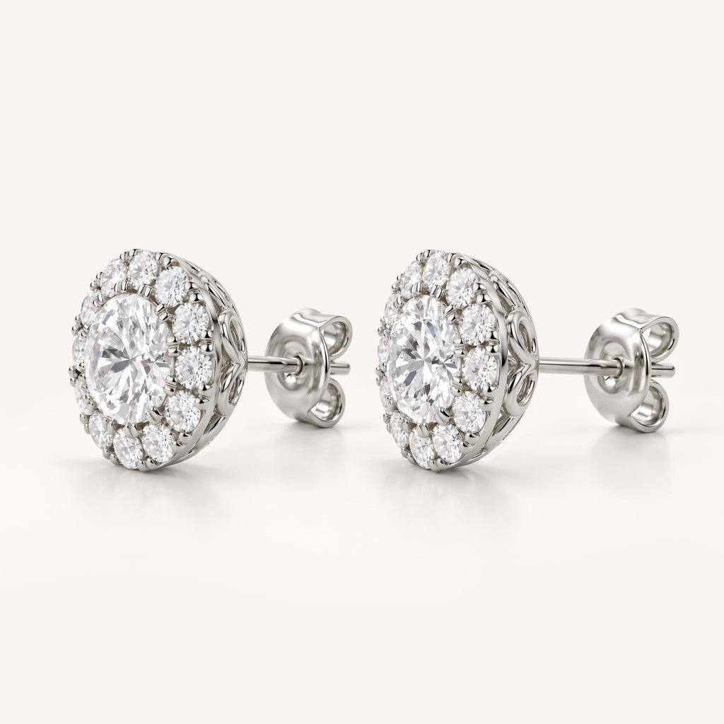 Round Halo Lab-Grown Diamond Stud Earrings in white gold, view 3 | MET-RE-0022-M03