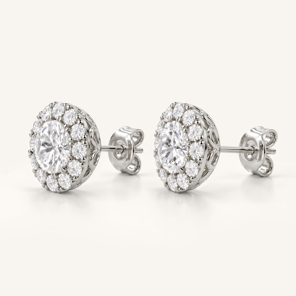 Round Halo Lab-Grown Diamond Stud Earrings in white gold, view 3 | MET-RE-0022-M03