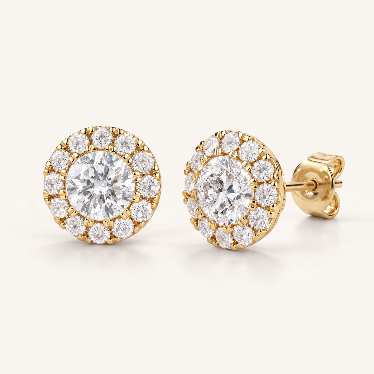 Round Halo Lab-Grown Diamond Stud Earrings in yellow gold, view 1 | MET-RE-0022-M04
